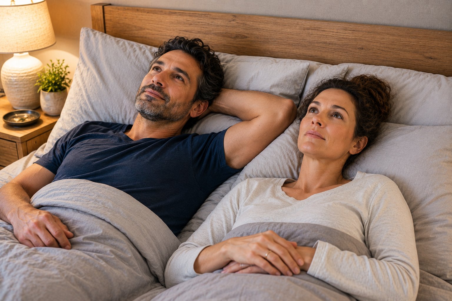 Couple lying in bed together at the end of the day