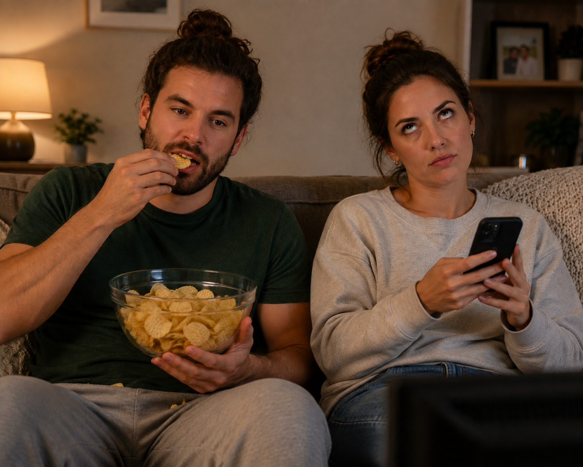 A couple sitting on a couch at night, one eating chips from a bowl while the other checks their phone with an annoyed expression