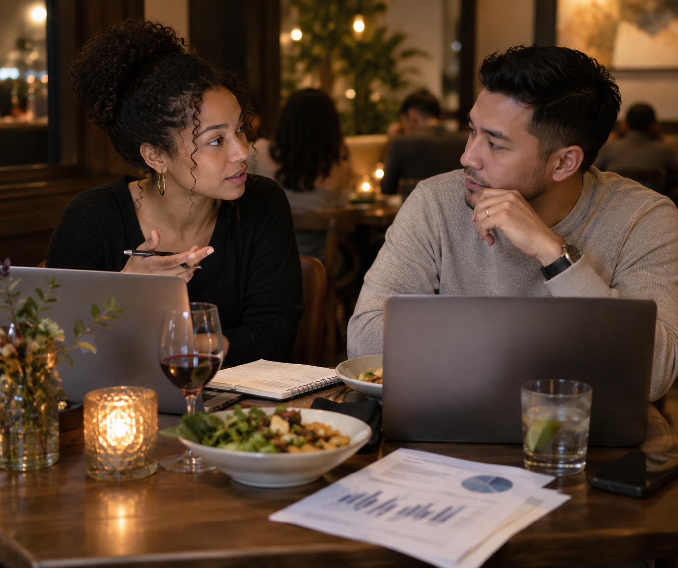 A couple at a restaurant table with laptops open, talking over wine and a financial report with a pie chart