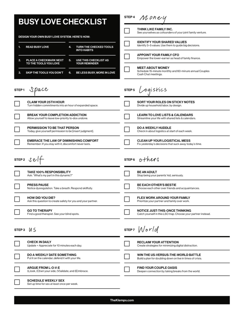 The one-page Busy Love Checklist: seven steps with checkboxes for each relationship tool